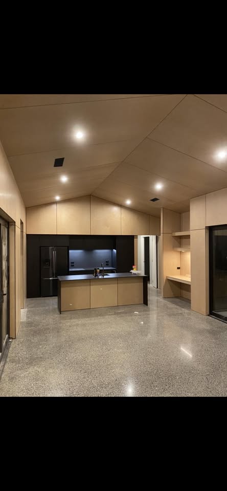 Vaulted-ceiling kitchen with polished concrete floor and plywood-faced cabinetry